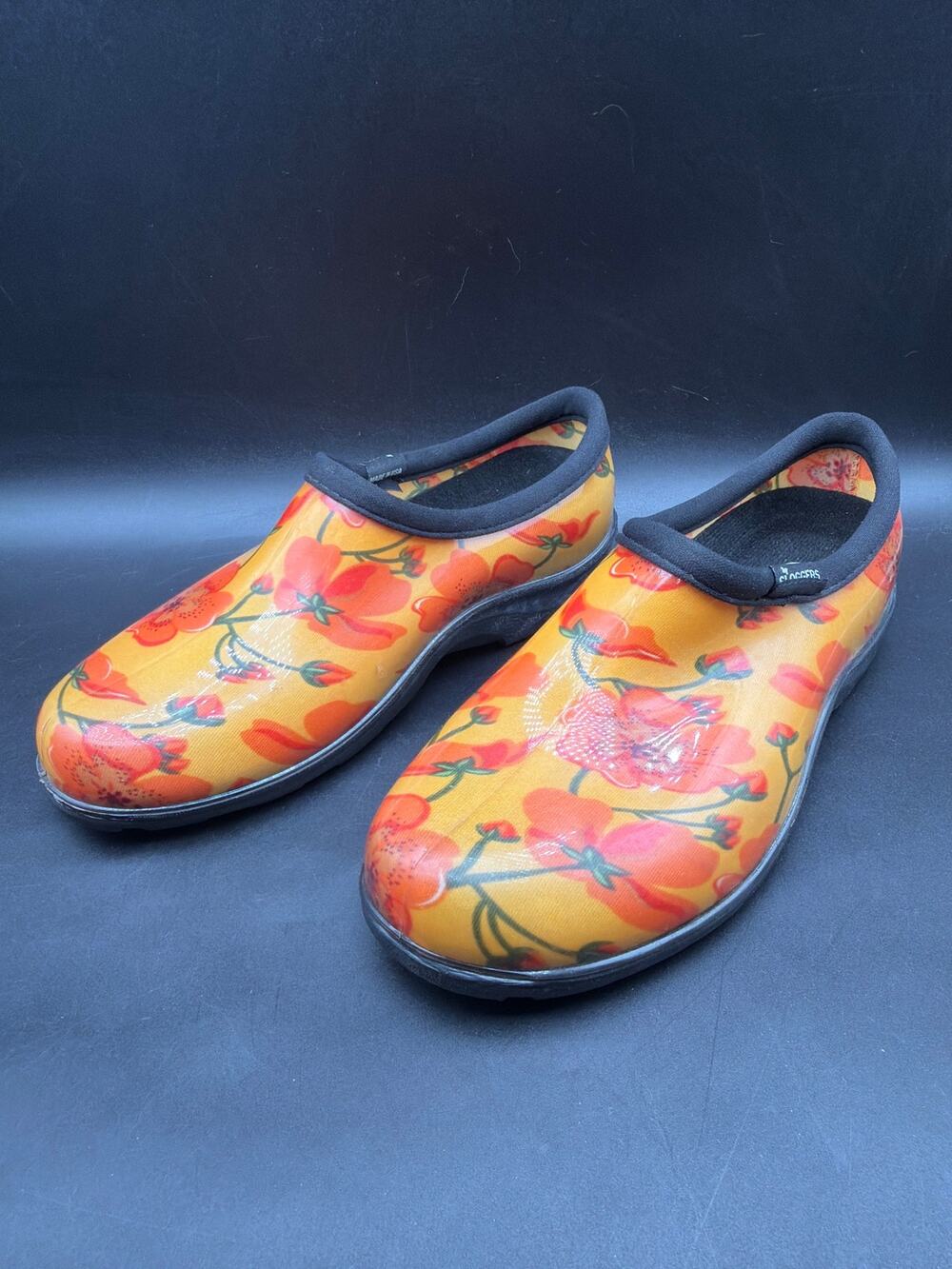 Sloggers Women’s Size 7 Waterproof Garden Rain Shoes Orange Floral Slip On Clogs